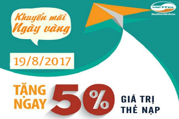 Khuyến mãi Viettel ngày 19/08/2017 tặng 50% thẻ nạp trên toàn quốc 